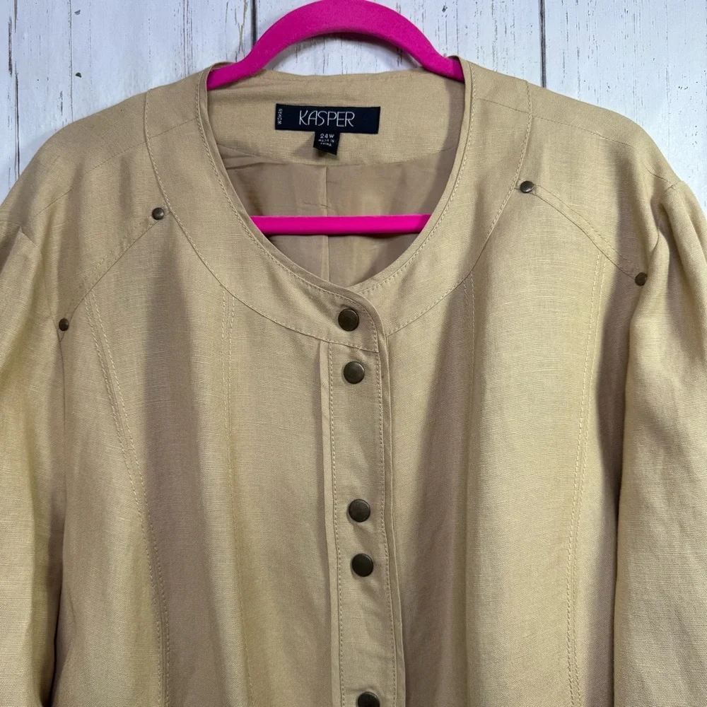 Kasper Linen Blend Blazer 24W Tan Neutral Office Chic Quiet Luxury Lagenlook